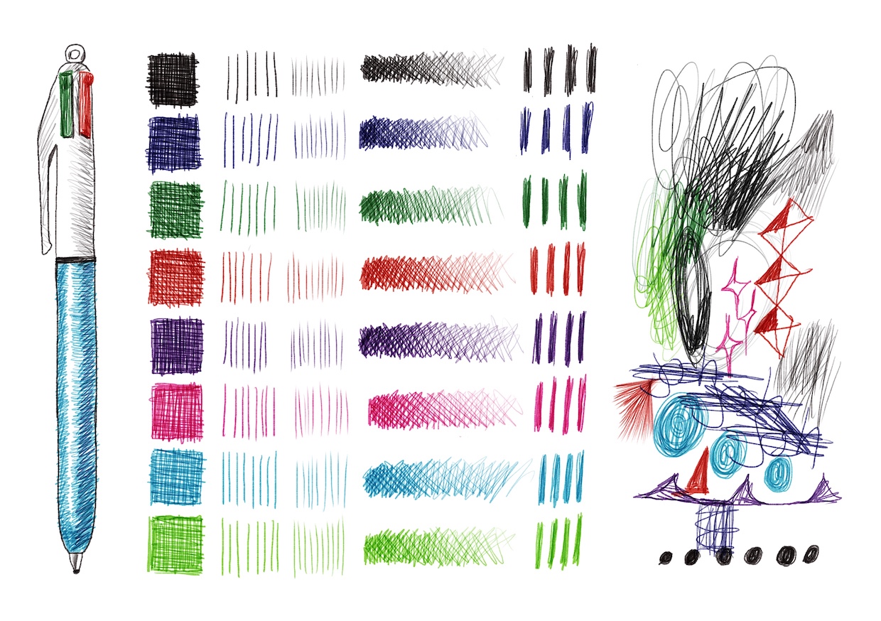 An image illustrating the mark making possibilities of a procreate brush i created that was designed to emulate a cheap biro
