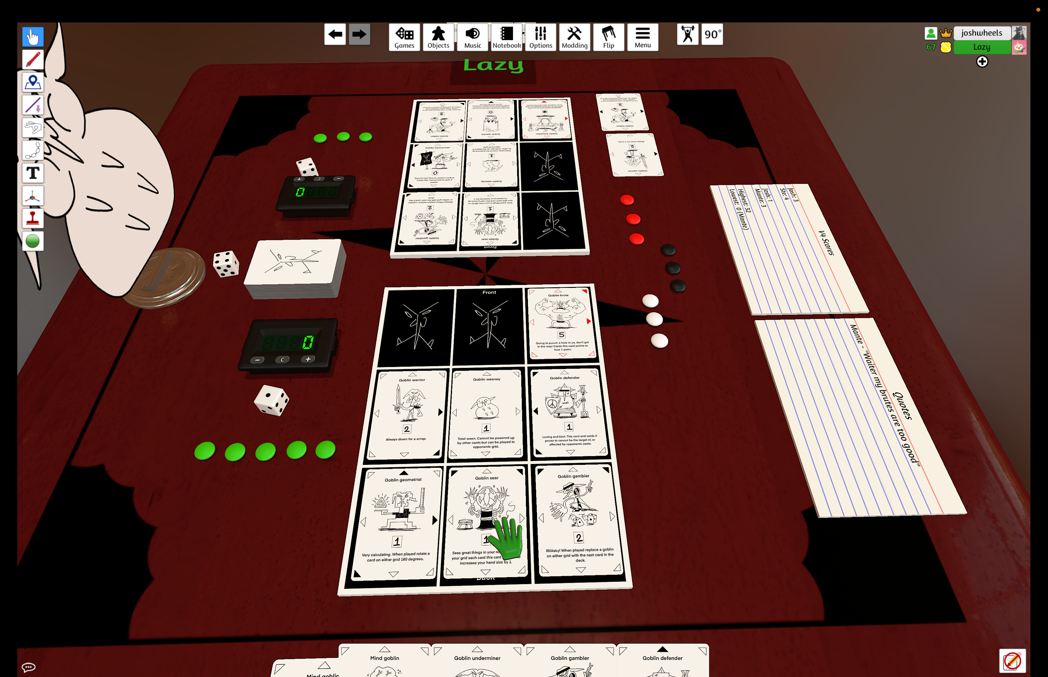 A screenshot from tabletop simulator of a goblin based card game