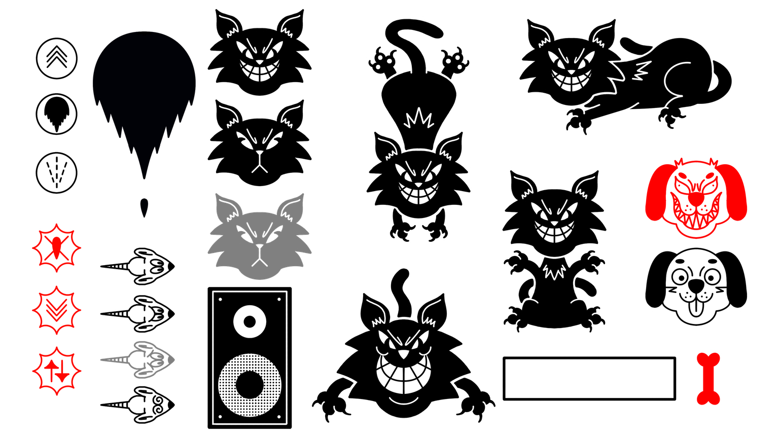 The sprite sheet from my asteroids like game meowsteroids, featuring various graphic representations of cats, mice, dogs, projectiles and game elements