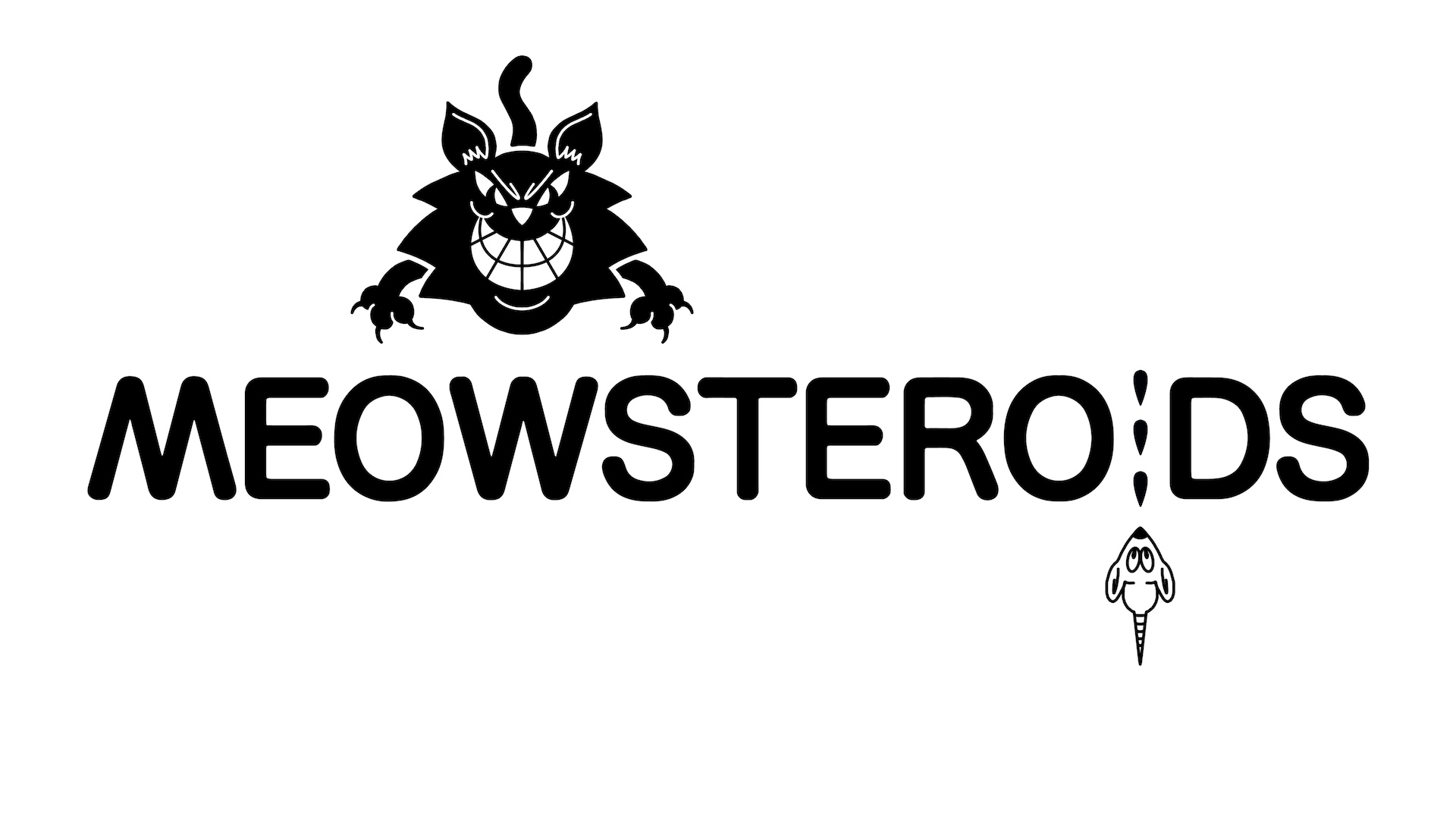 The title screen from my asteroids like game meowsteroids, there is a cat above the text and a mouse below