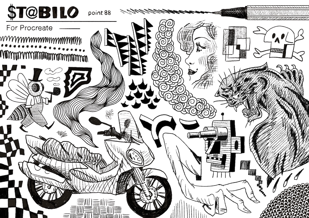 Various crude drawings made with a procreate brush I created to emulate a stabilo pen, the predominant elements are a scooter bottom left and a panther on the right