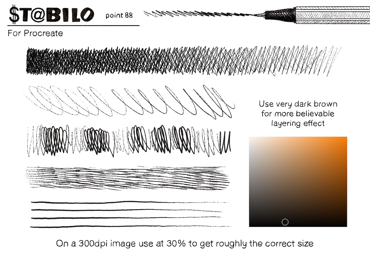 An image illustrating the mark making possibilities of a procreate brush i created that was designed to emulate a stabilo pen