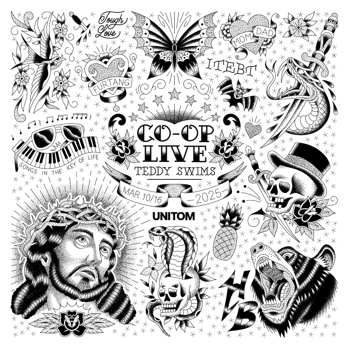 A square composition of various tattoo designs with central text reading; Co-op live, Teddy Swims, March 10/16, 2026